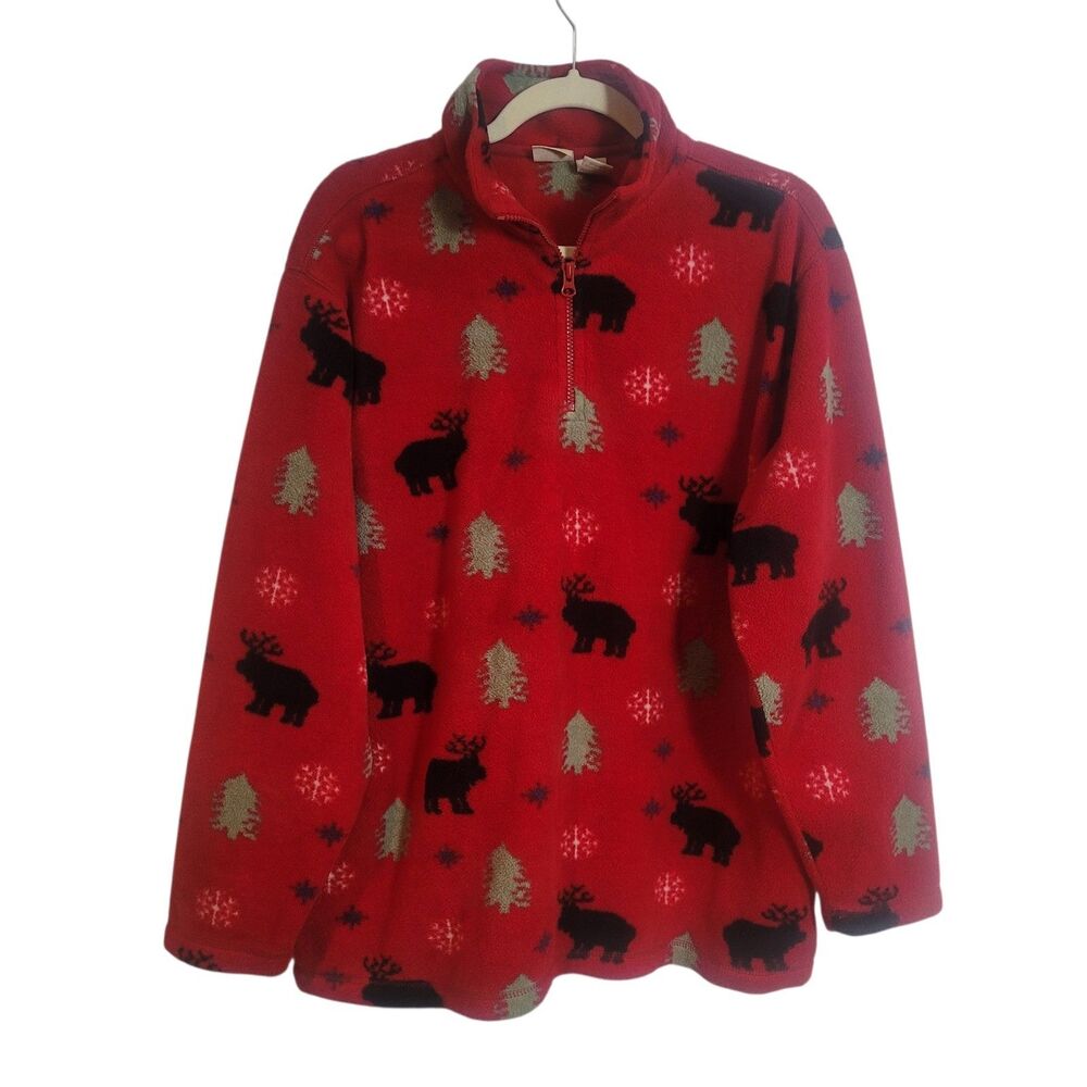 Vintage Cherokee Red Moose Novelty Fleece Pullover Sweater Jacket Red Size XL